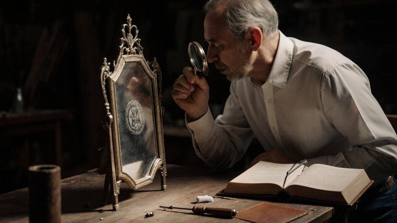 Appraiser inspecting a vintage mirror's maker mark with magnifying glass.