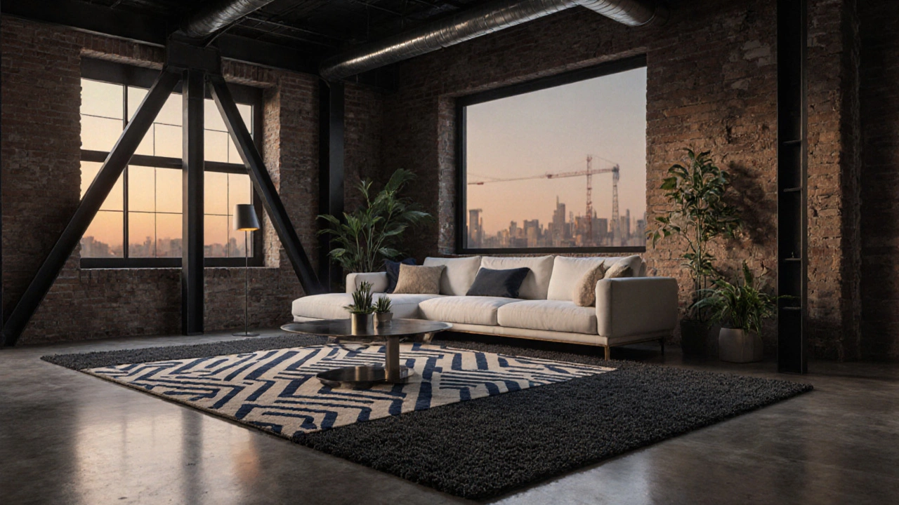 Charcoal carpet with a beige and navy patterned rug in a stylish loft.