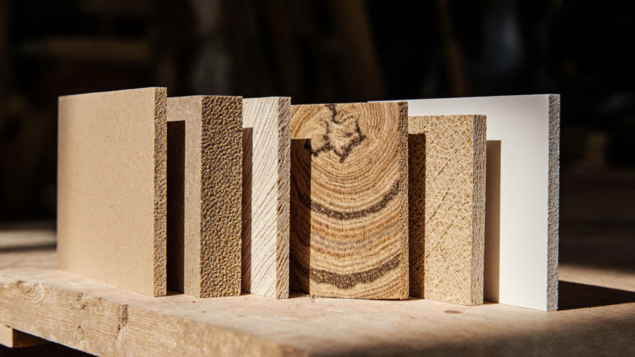 Close‑up of board cross‑sections showing distinct textures and layers.