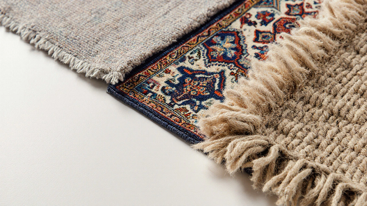 Close‑up of five different rug textures arranged side by side.