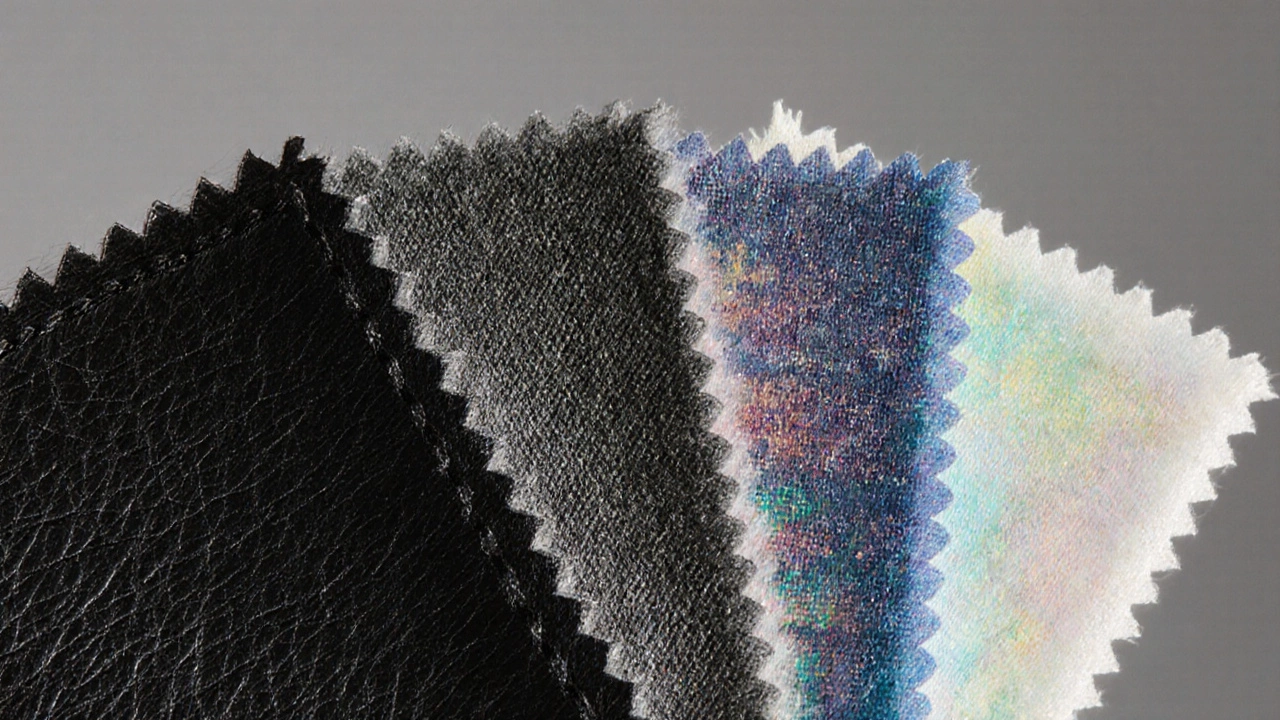 Close‑up of swatches showing leather, microfiber, velvet, performance fabric, and polyester textures.