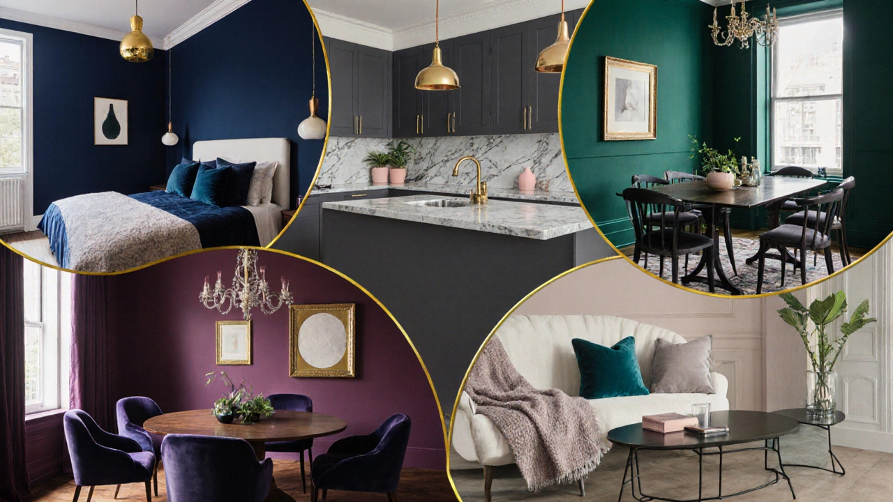Collage of five rooms showing navy, charcoal, emerald, plum, and taupe interiors.