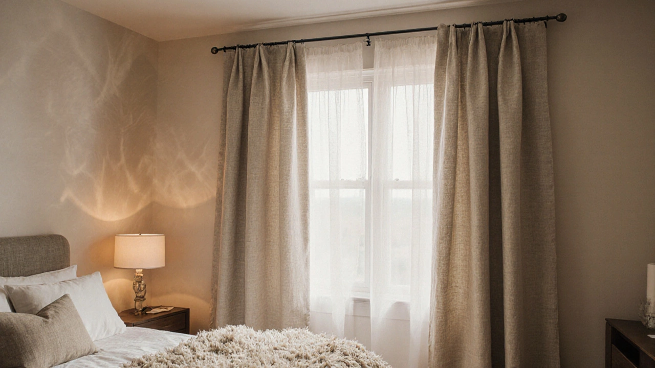 Cozy bedroom with floor‑length curtains perfectly hung, creating soft folds.