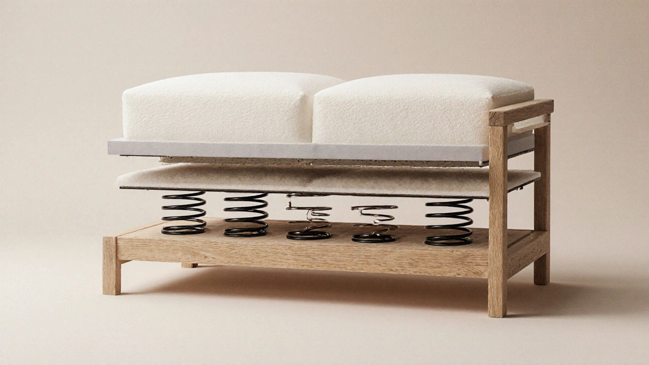 Cross-section view of a high-quality sofa showing cushions, springs, and hardwood frame.