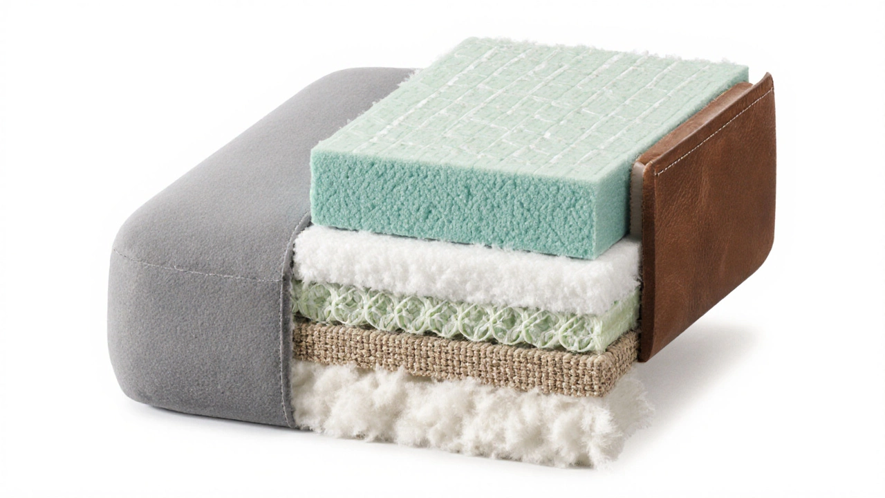 Cutaway view of a couch cushion revealing layers of different fill materials.