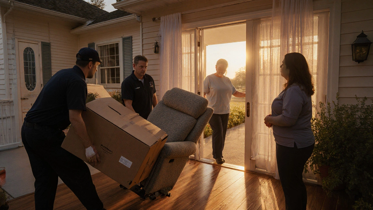 Delivery crew bringing a lift chair into a home for assembly at sunset.