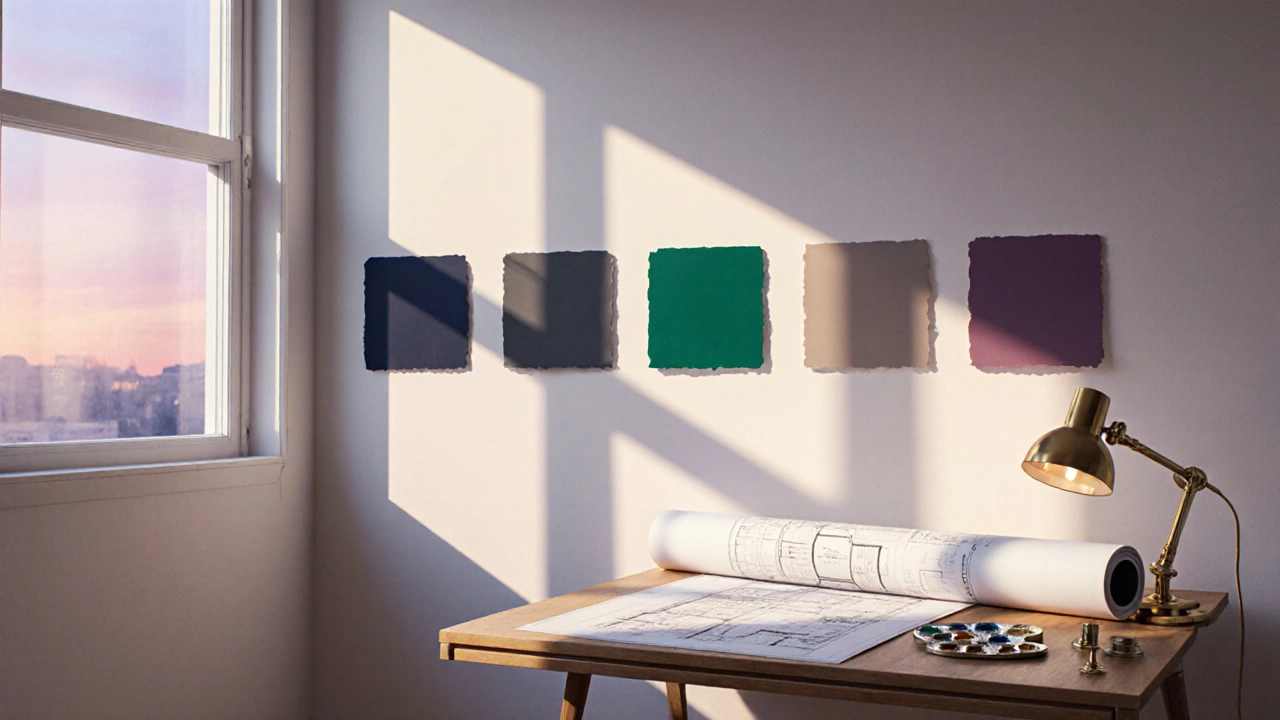Designer studio with paint swatches of five elegant colors illuminated by sunset.
