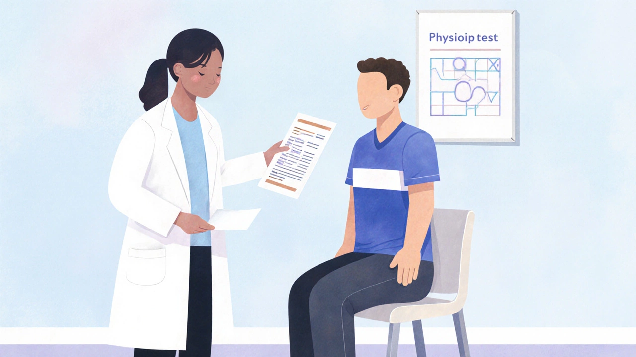 Doctor, physiotherapist, and patient in clinic for functional assessment.