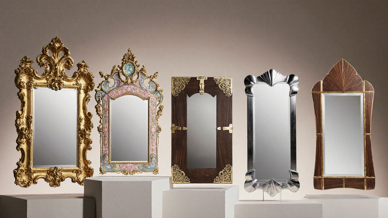 Five antique mirrors displayed side by side showing different styles.