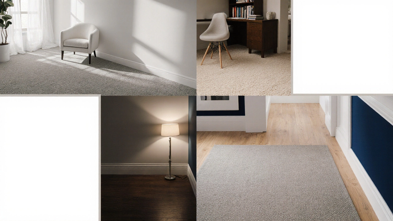 Four mini‑rooms showing beige, gray, ivory, and taupe carpets under different lighting.