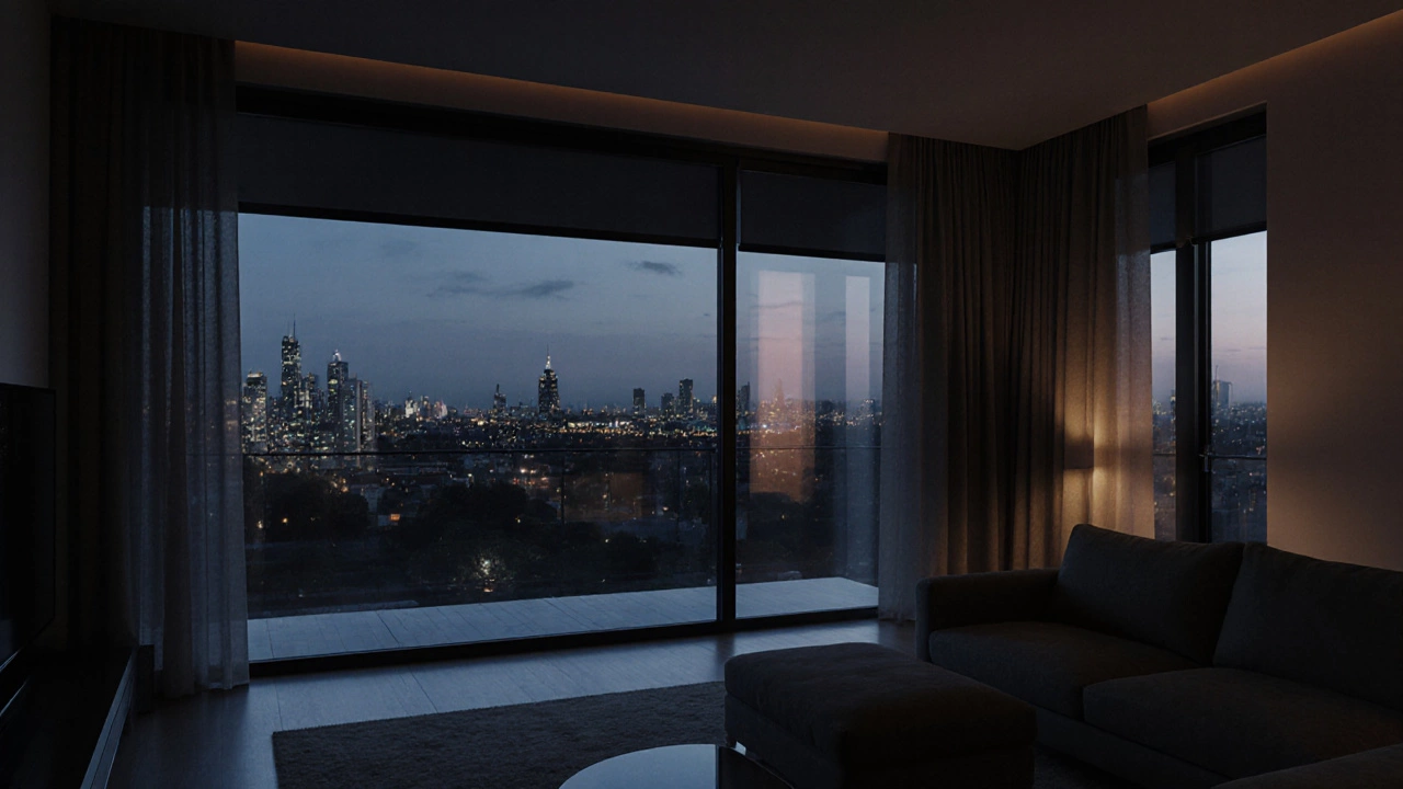 Glass‑wall room at night with hidden roller shades, glossy film, and a faint magnetic curtain panel.