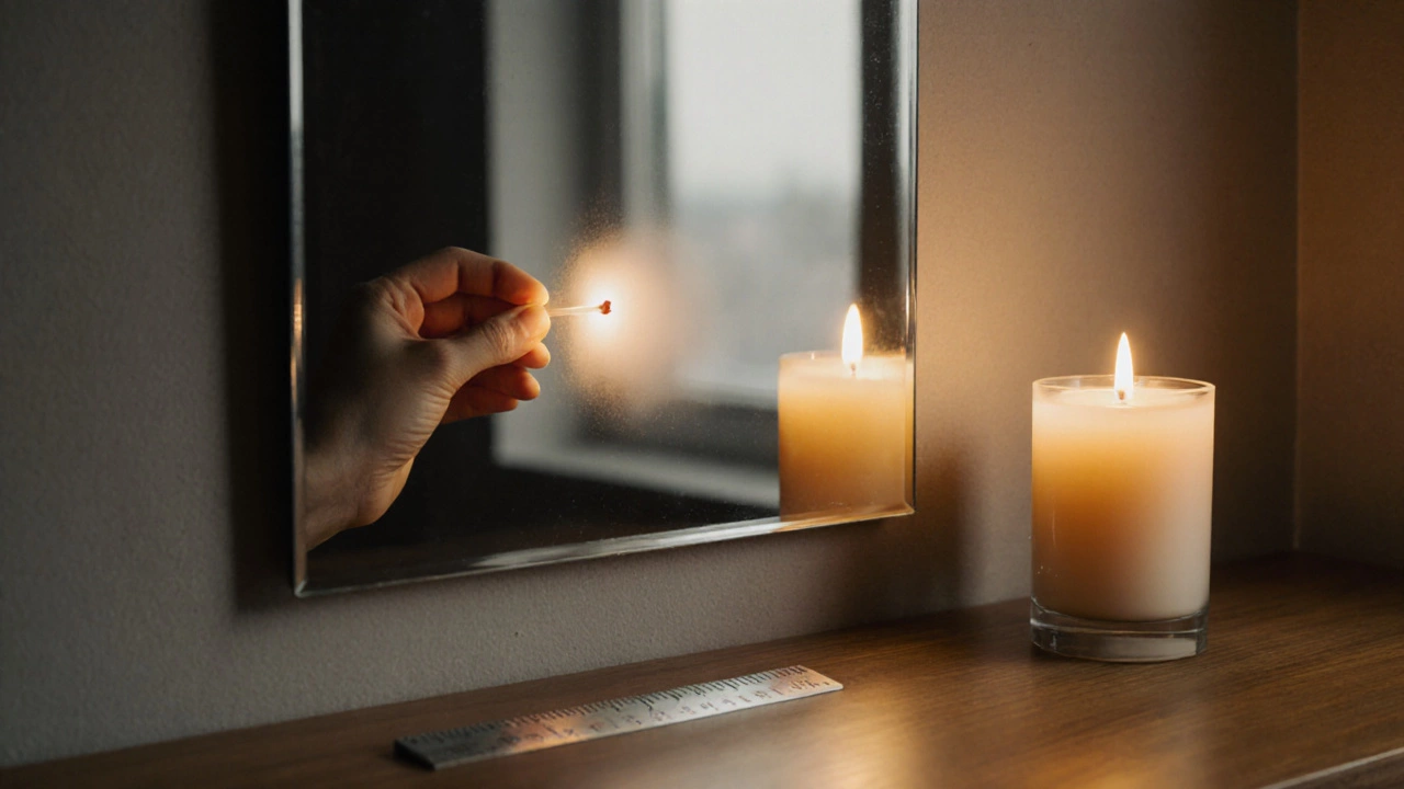 Hand performing fog, candle, and ruler tests on a bathroom mirror.