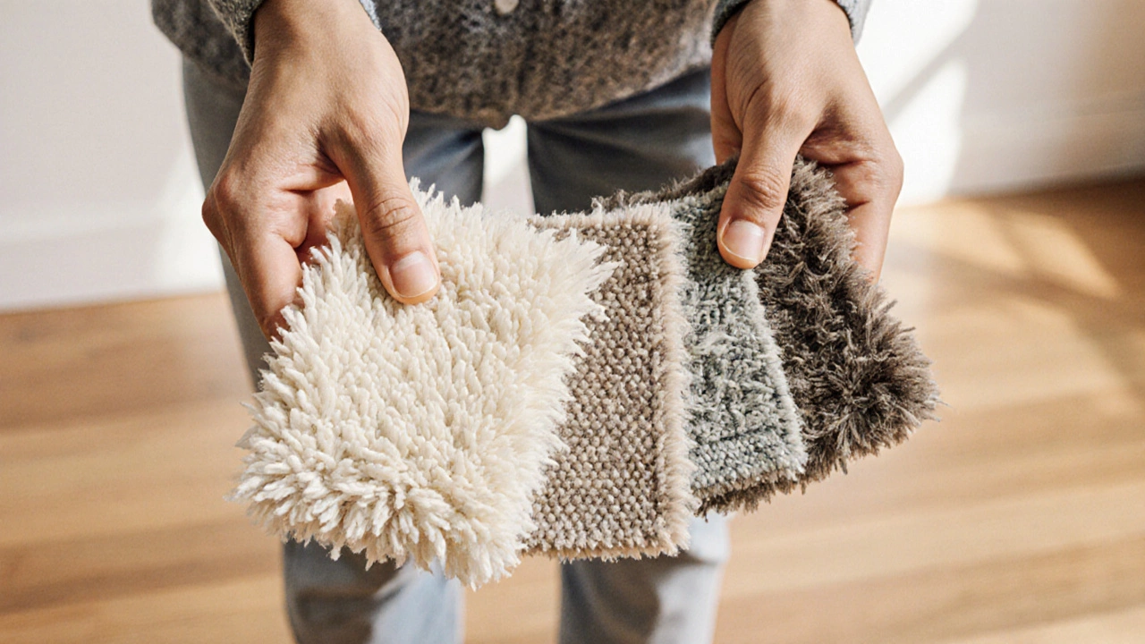 Hands holding different rug swatches on a hardwood floor in soft watercolor.