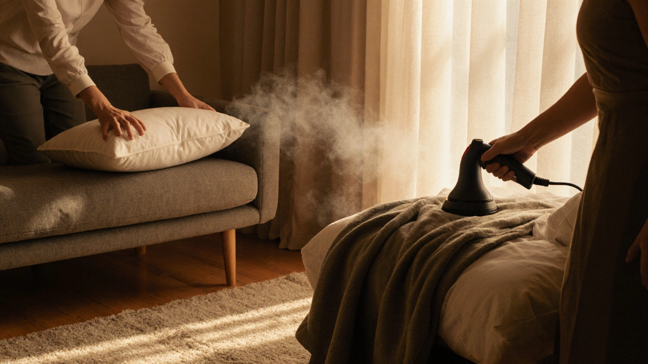 Hands rotating, steaming, and covering a cushion while sunlight is filtered by curtains.