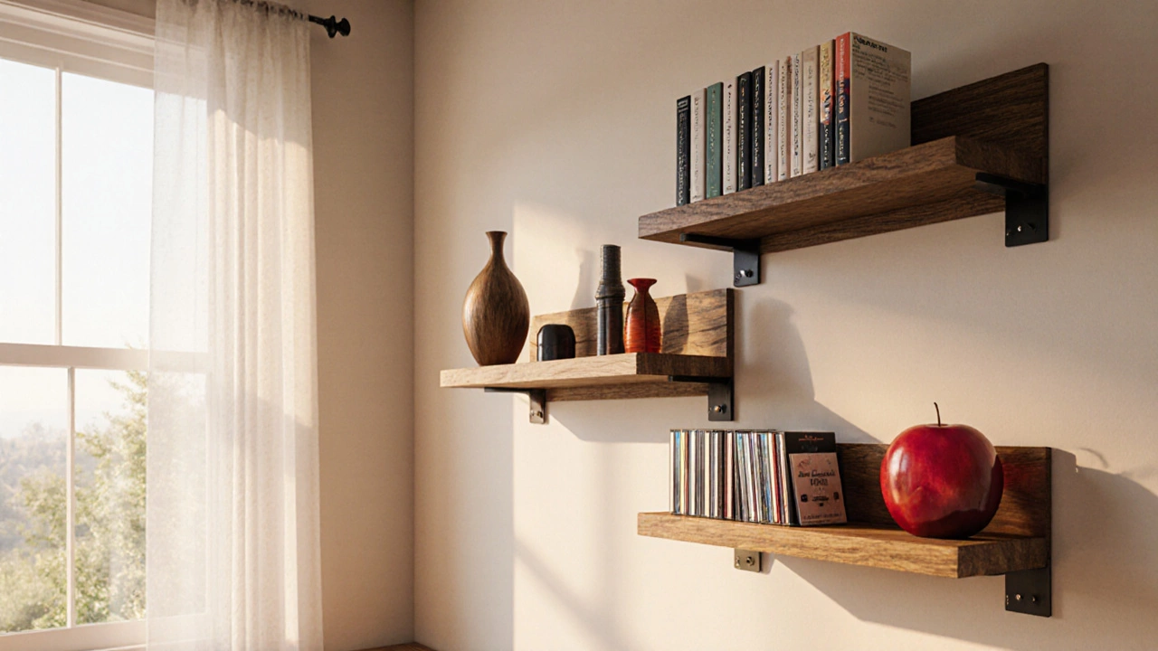 Home office with three sturdy shelves of maple, walnut, and cherry wood holding books and decor.