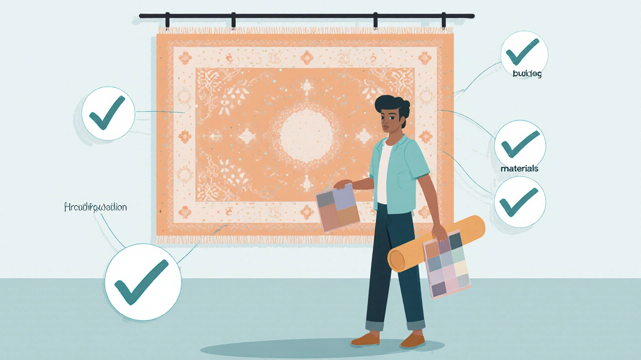 Illustrated shopper examining a Persian rug with icons for budget, size, material, and warranty.