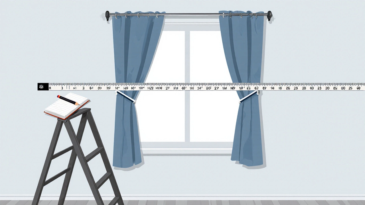 Illustration showing tape measure, ladder, and rod positioned above a window.