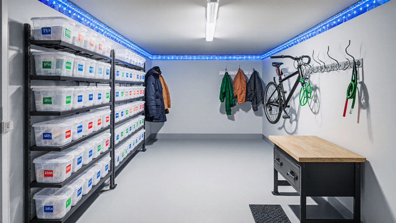 Isometric layout of a 5x10 storage room showing shelves, bins, overhead rack, workbench and lighting.