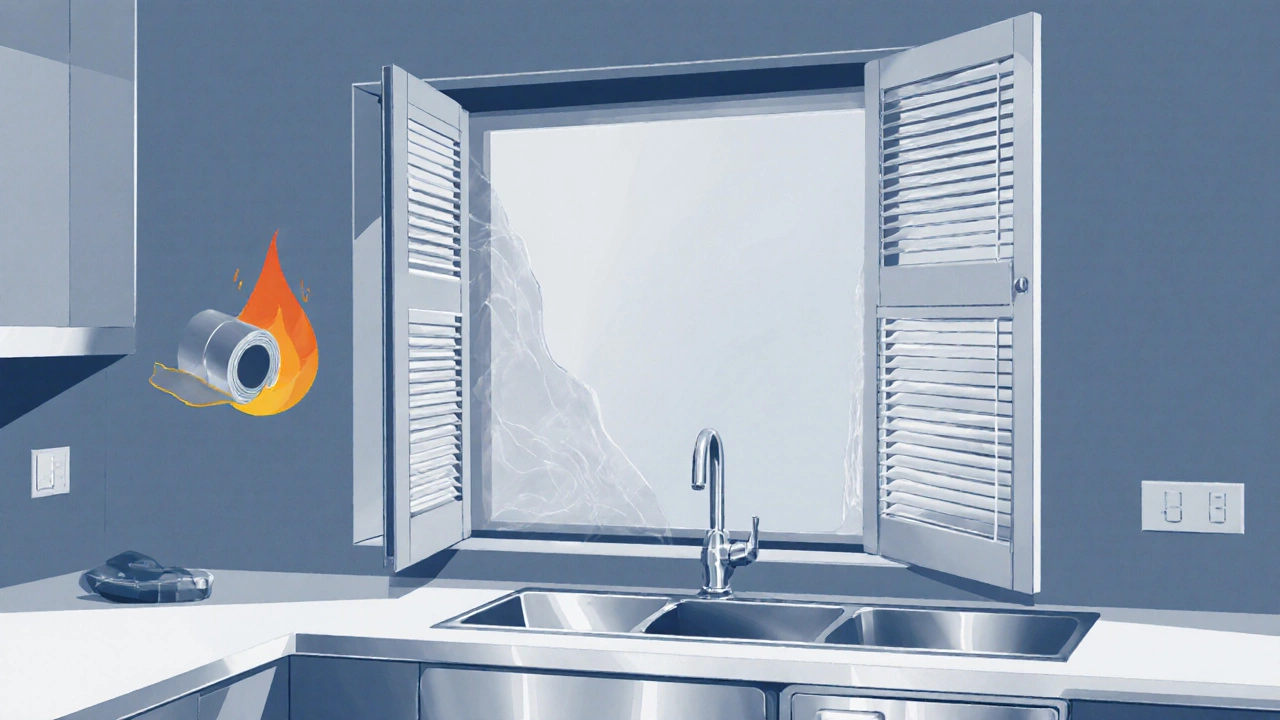 Kitchen window showing fire‑safe wood shutters and a roll of heat‑resistant window film.