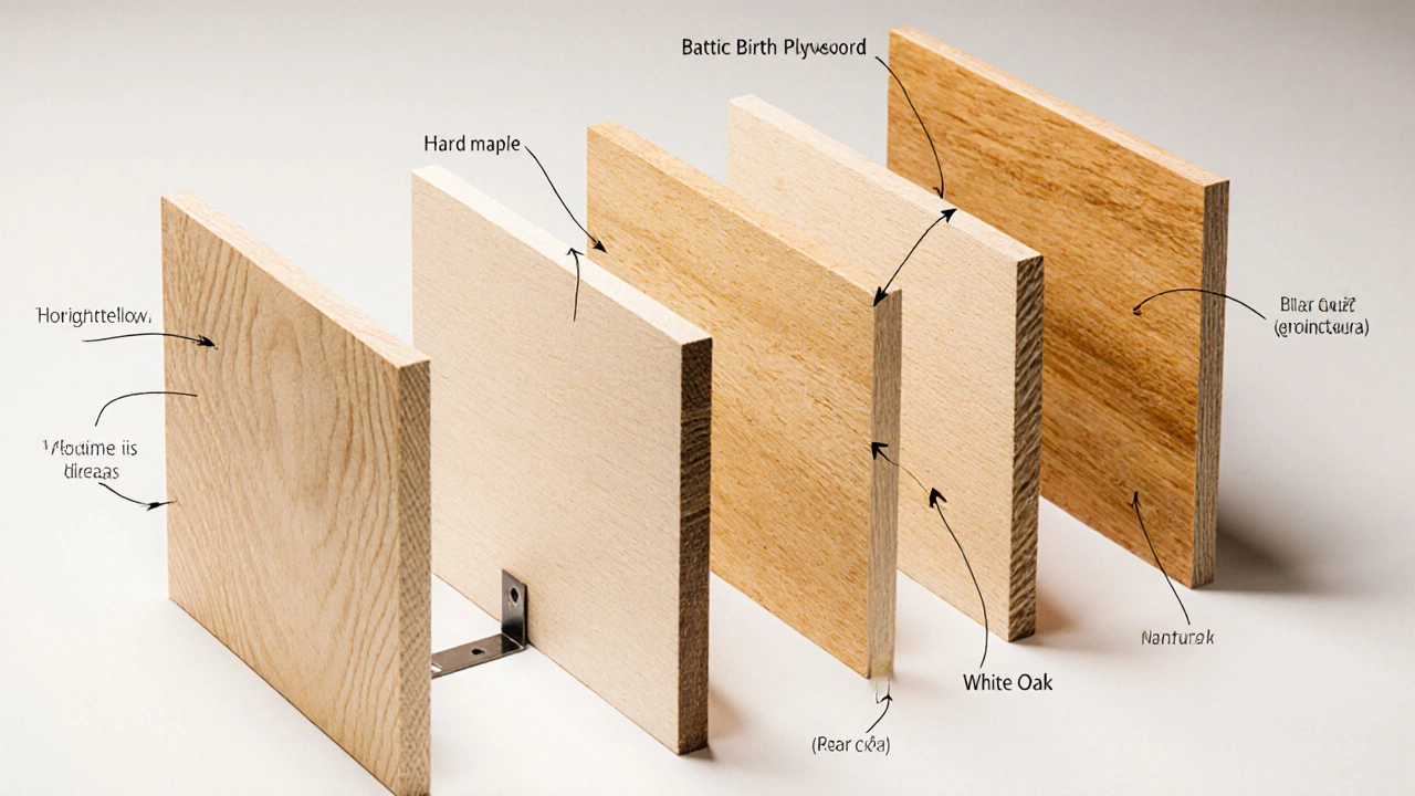 Macro view of hard maple, white oak, birch, and Baltic birch plywood with grain direction shown.