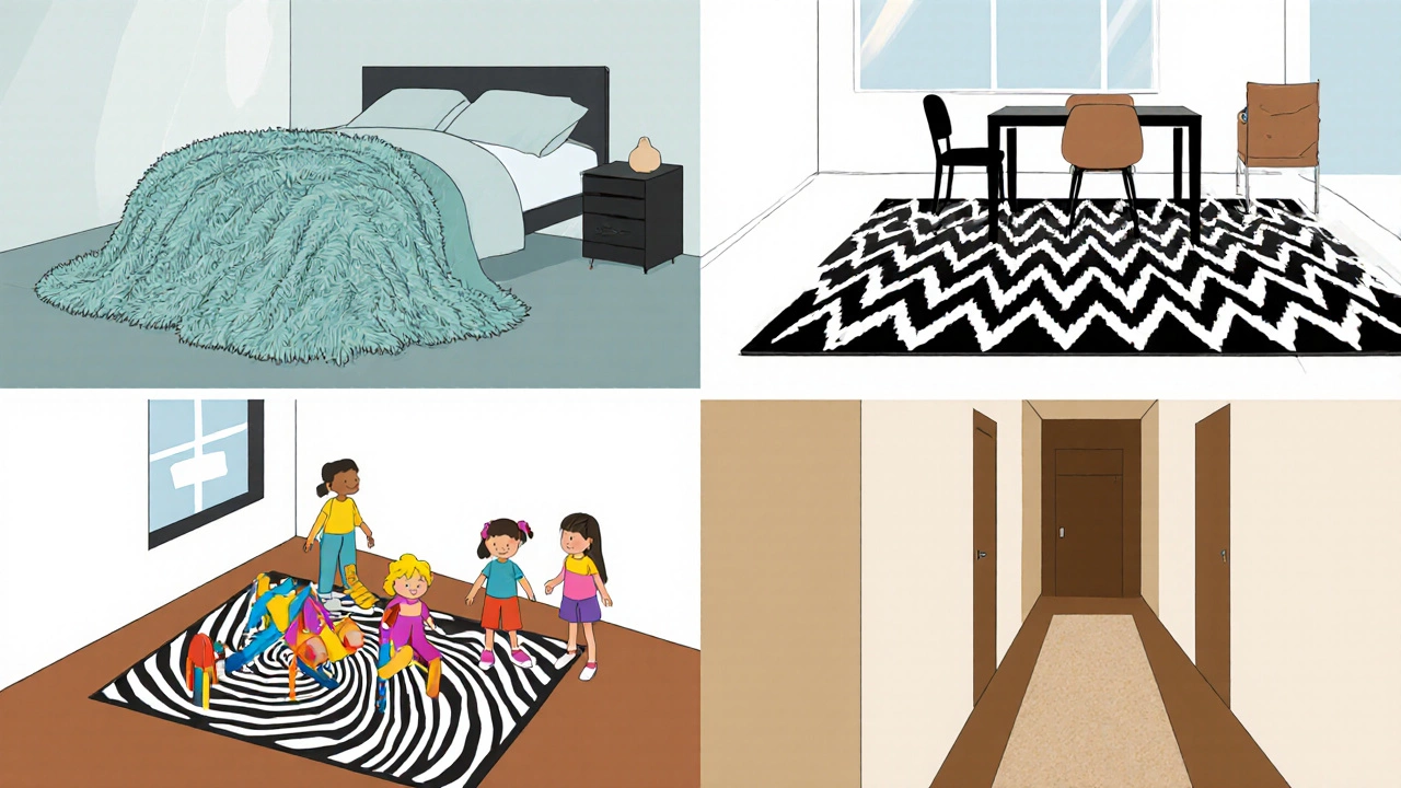 Magazine illustration of shag, flatweave, synthetic, and wool rugs in different rooms.