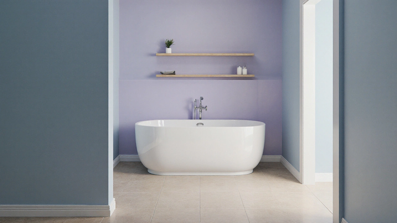 Minimalist bathroom rendering showing calming color palette with varied finishes and warm LED lighting.