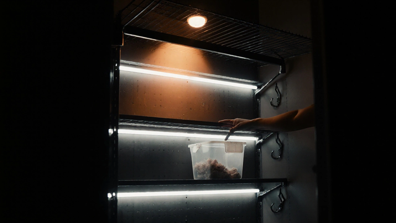 Night scene of a storage room lit by motion sensor light and LED strips, hand reaching for a bin.