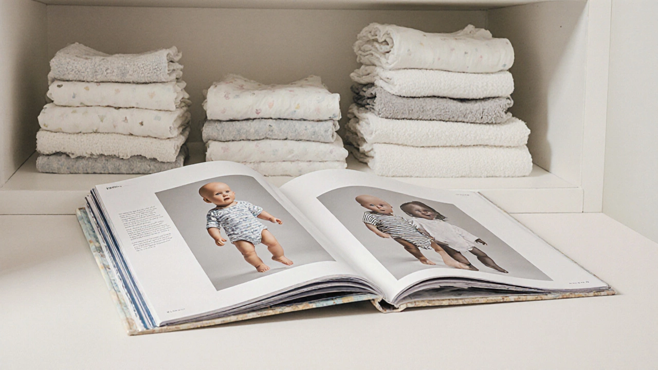Nursery shelf with product catalog showing single and multiple baby mannequins.