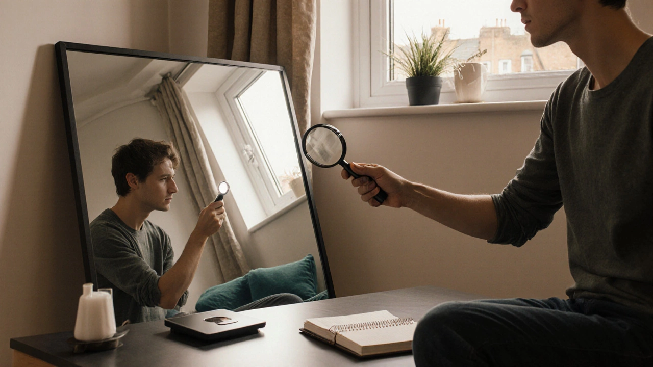 Person inspecting a wall mirror with flashlight and magnifying glass in a home.
