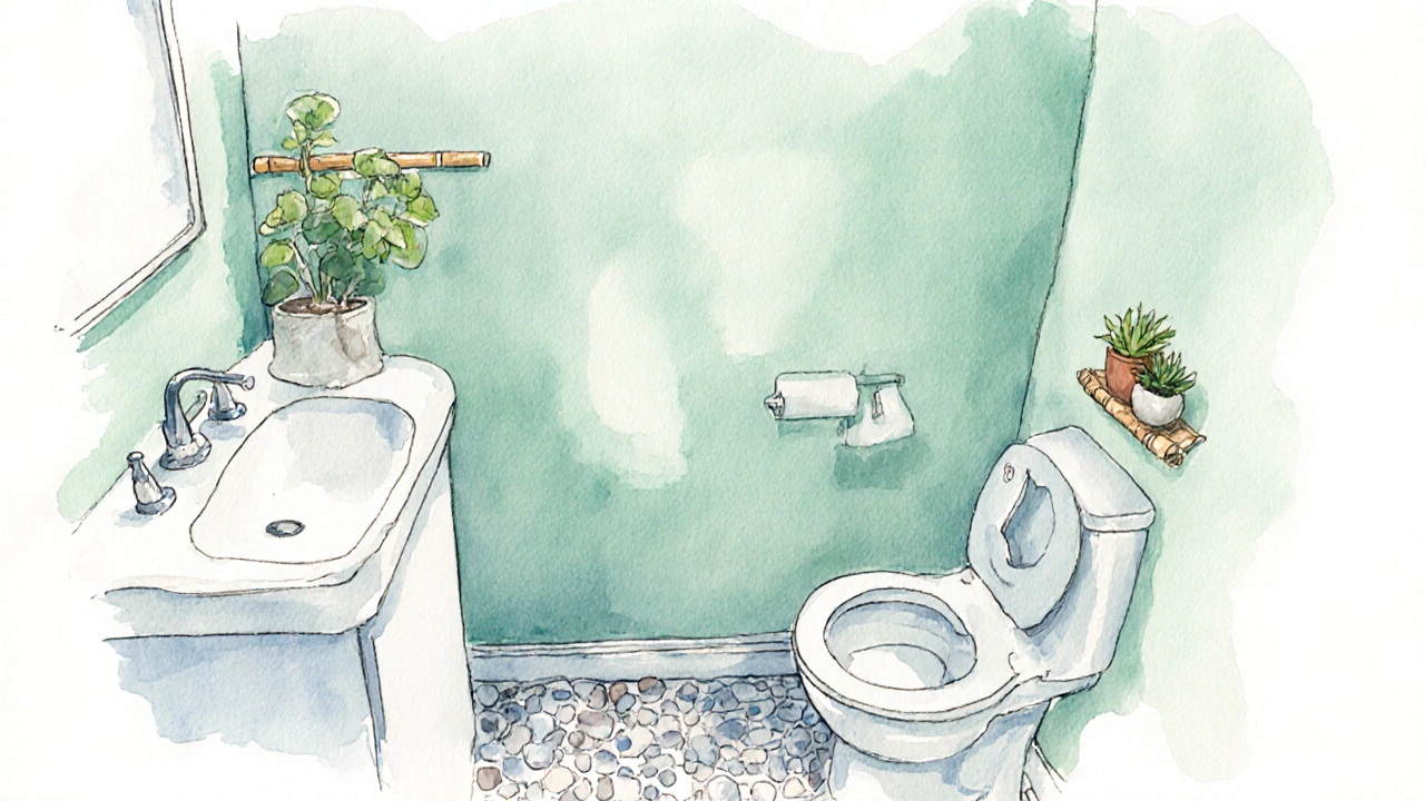 Seafoam green coastal bathroom in watercolor, featuring matte walls and white fixtures.