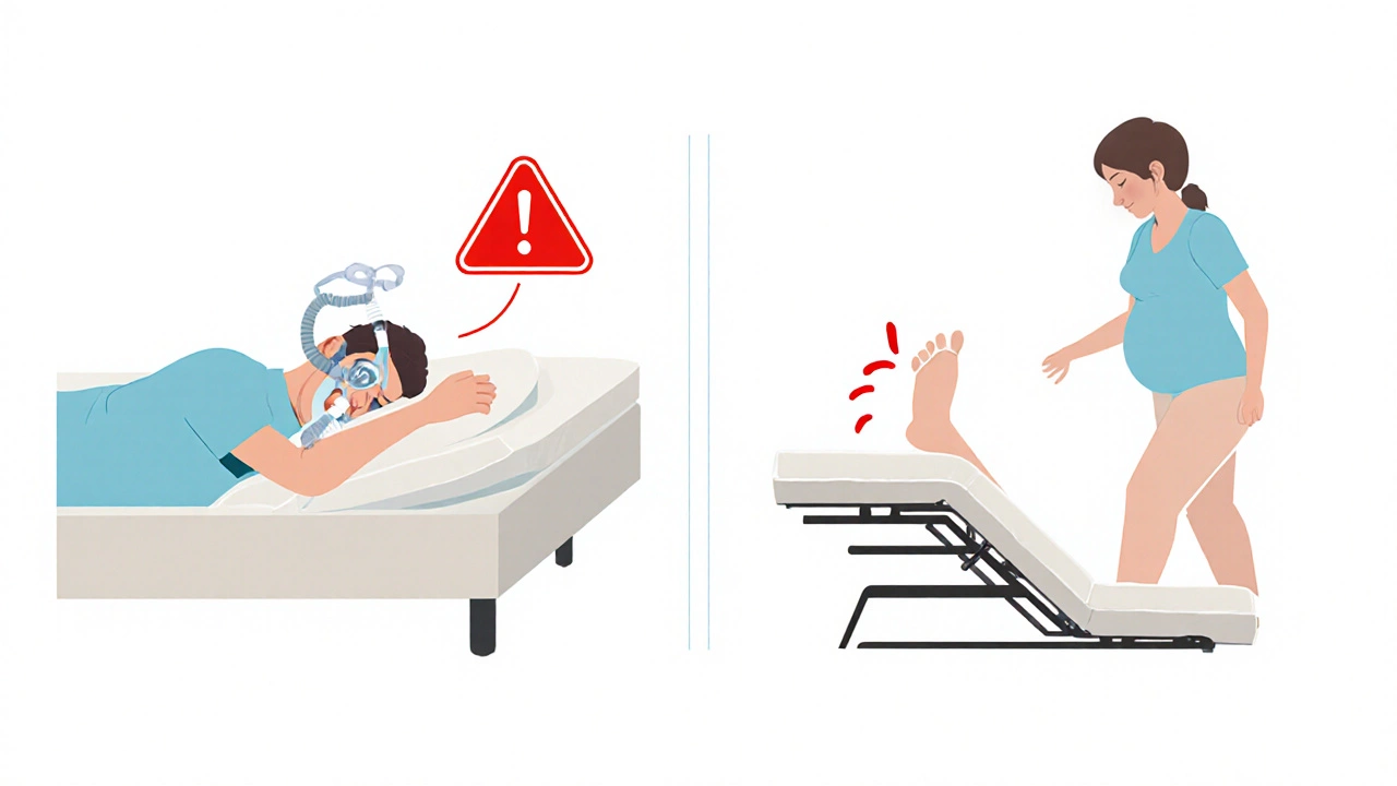 Split illustration shows sleep apnea risk and pregnant woman with foot raise.