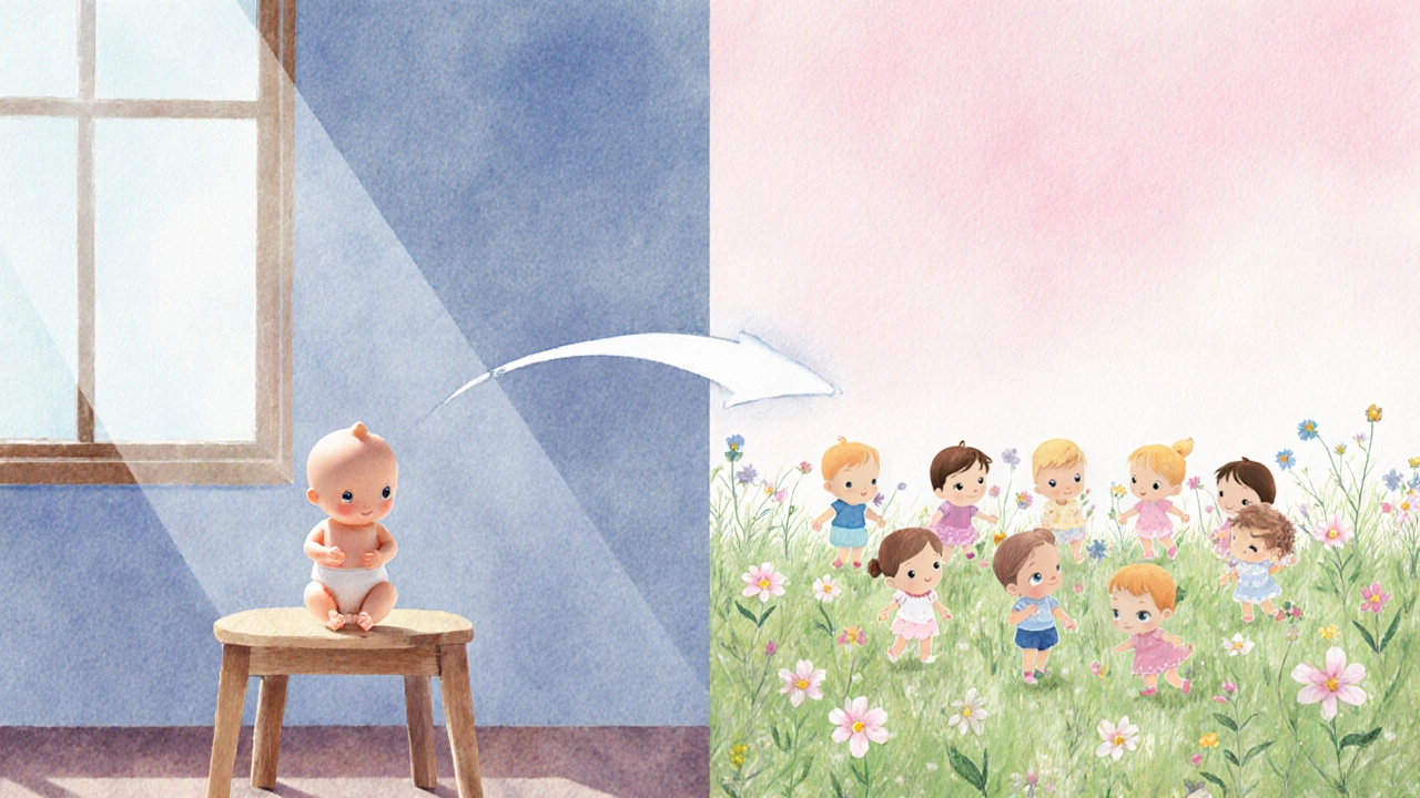 Split scene showing one baby on a stool and a group of babies playing in a meadow.