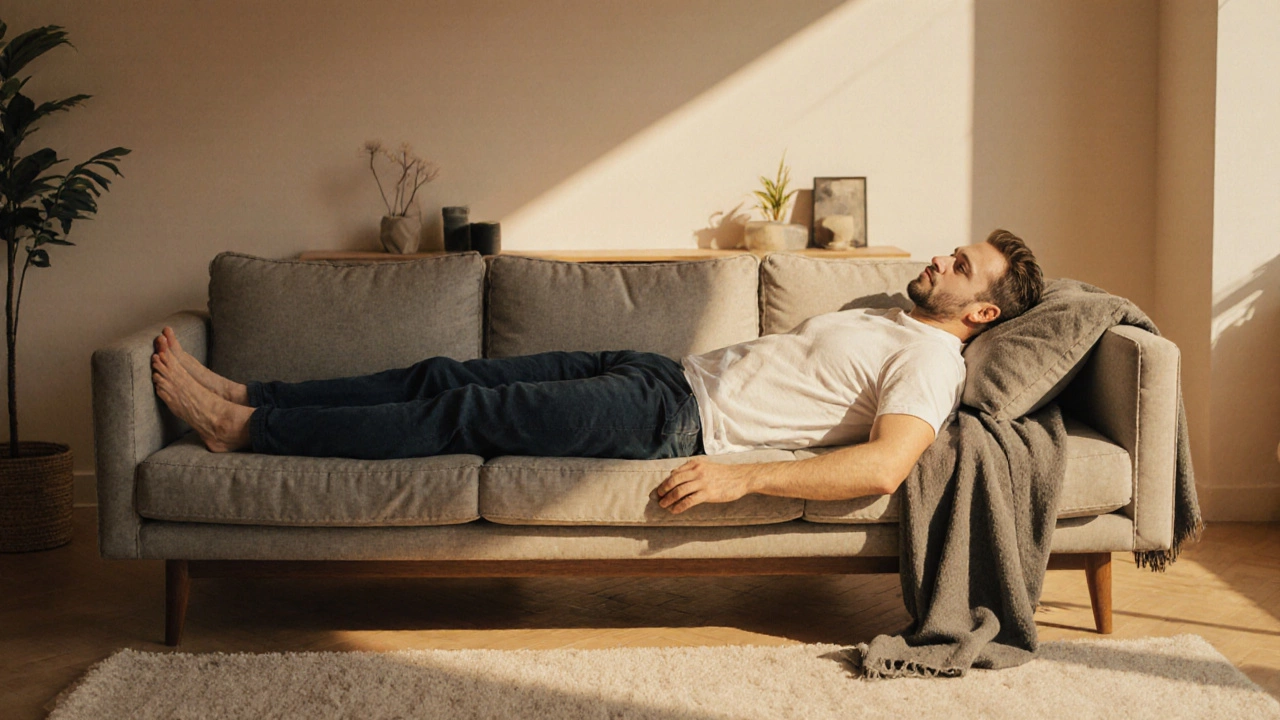 Tall man fully stretched out on a deep-seated sofa, enjoying a quiet evening.