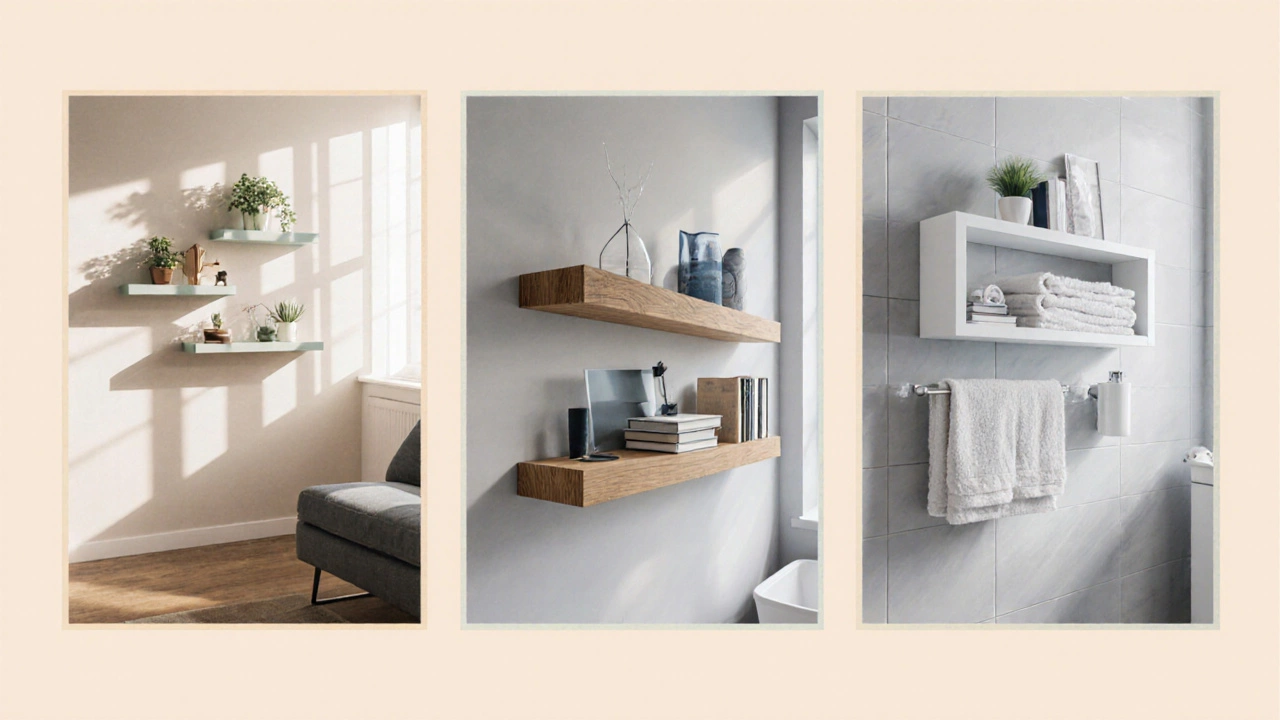 Three interior scenes with shelves made from MDF, oak, and PVC.