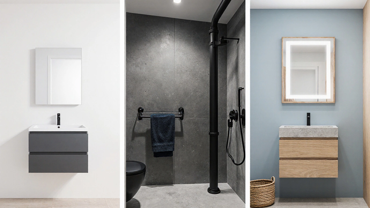Three tiny bathrooms side‑by‑side showing minimalist, industrial, and Scandinavian styles.