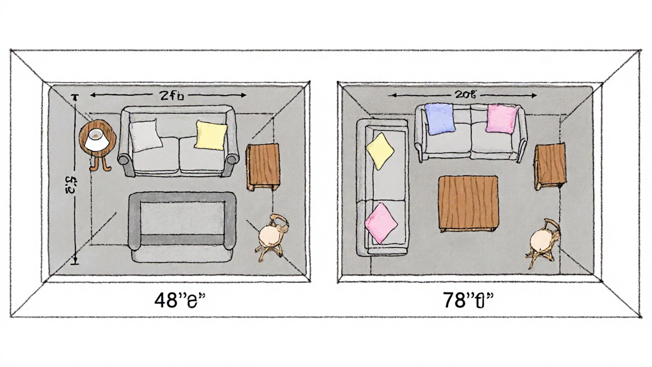 Top‑down illustration comparing loveseat and couch layouts with clearance space.