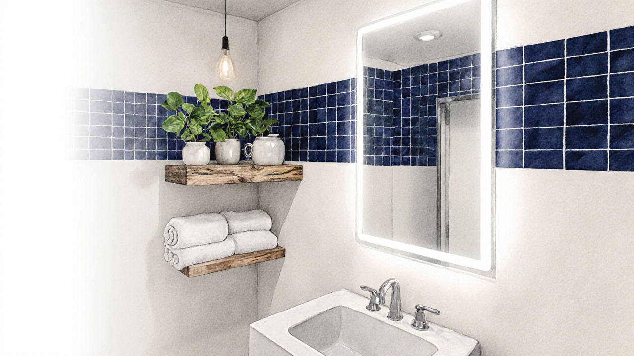Wall-mounted shelf with plants and a bold accent tile strip behind a lit LED mirror.