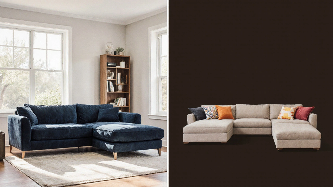 Watercolor living room showing a navy loveseat with chaise and a modular sectional with storage ottoman.