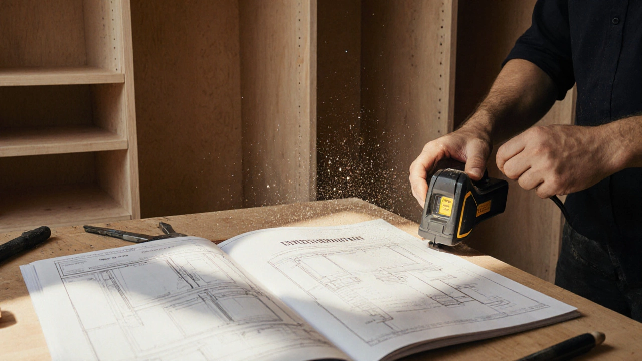 A carpenter measuring a custom closet system in a workshop, surrounded by tools and wooden panels.