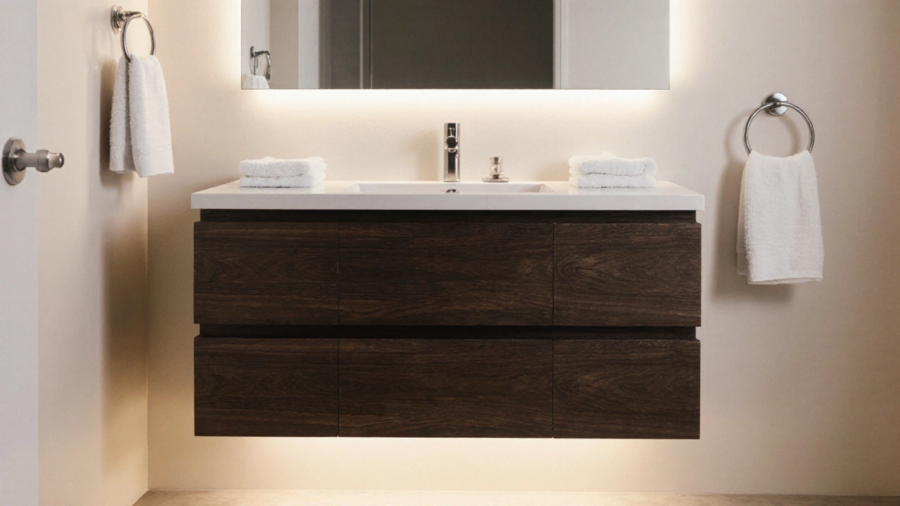 A dark vanity lifted by under-cabinet lighting and a light wall, reflected in a large mirror to enhance space.