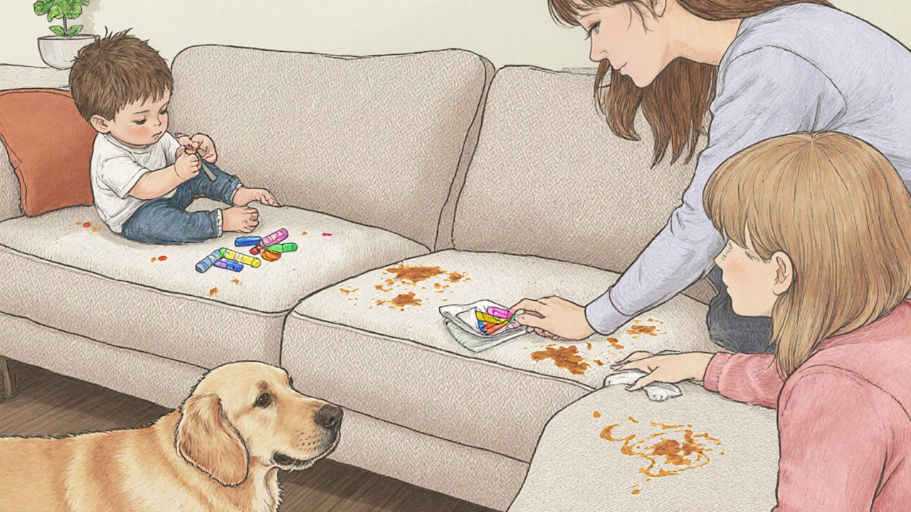 A family enjoys a stain-resistant performance fabric sofa, with kids and pets around, no marks visible on the upholstery.