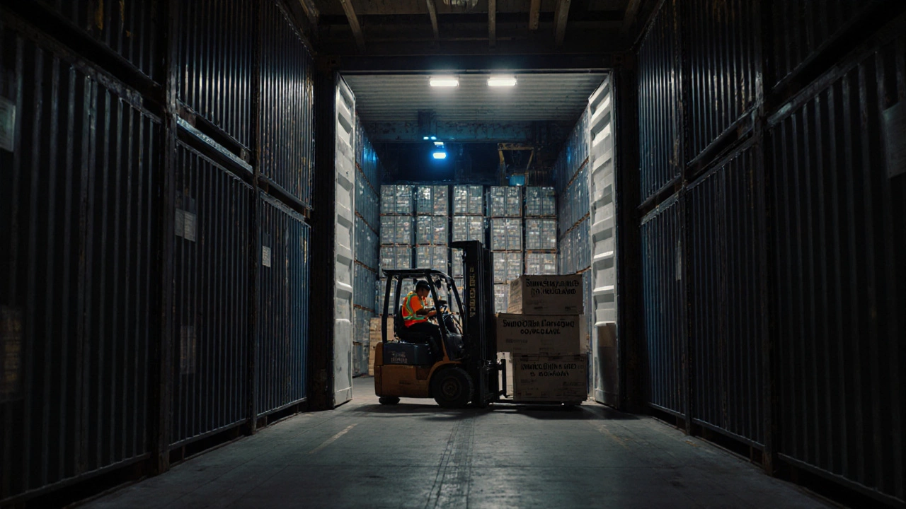 A large shipping container open in a warehouse, filled with storage units bound for international delivery.