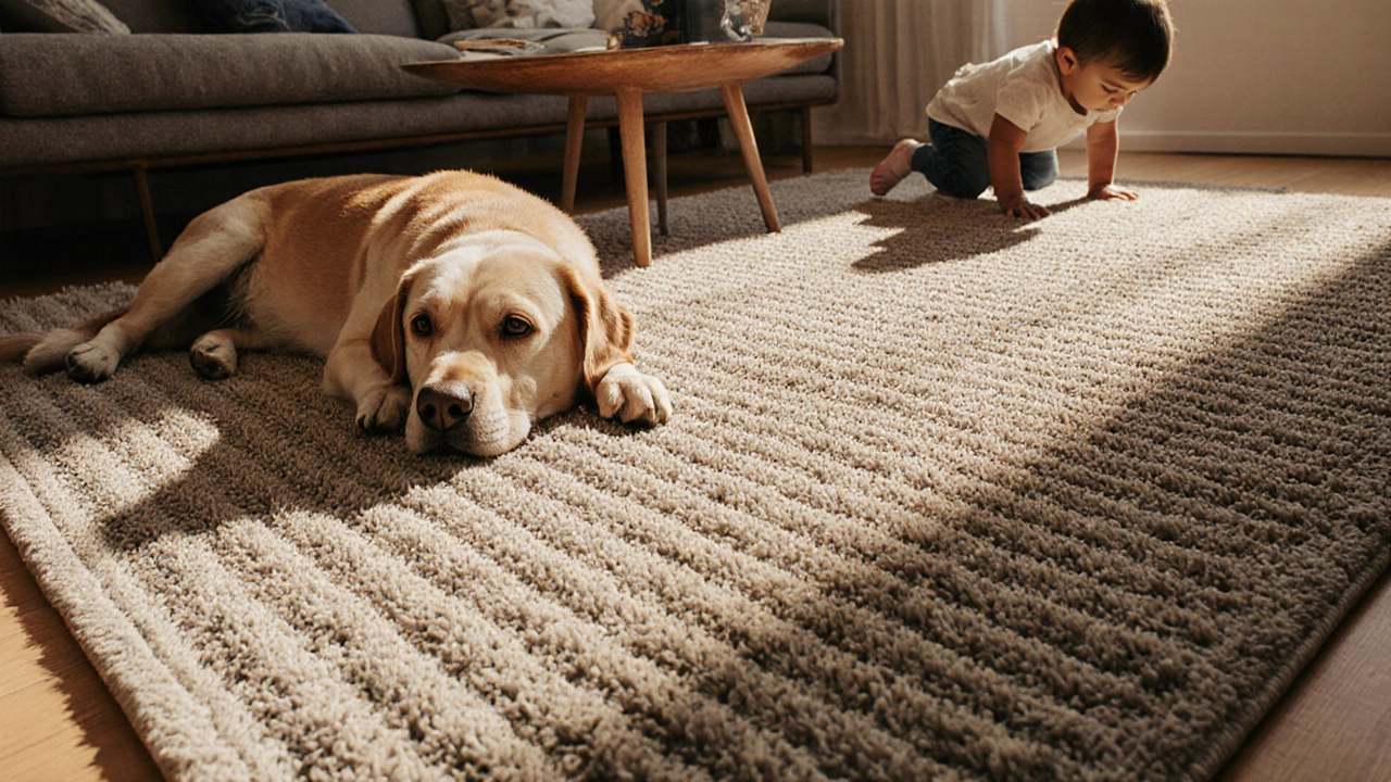 A nylon rug in a living room with a puppy and toddler, undamaged and resilient under active household use.