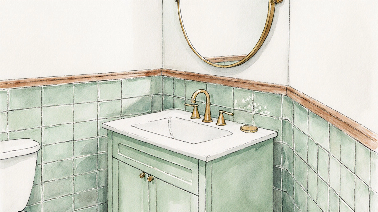 A soft sage green vanity in a compact bathroom with eucalyptus tiles and brass fixtures, evoking a calm, natural vibe.