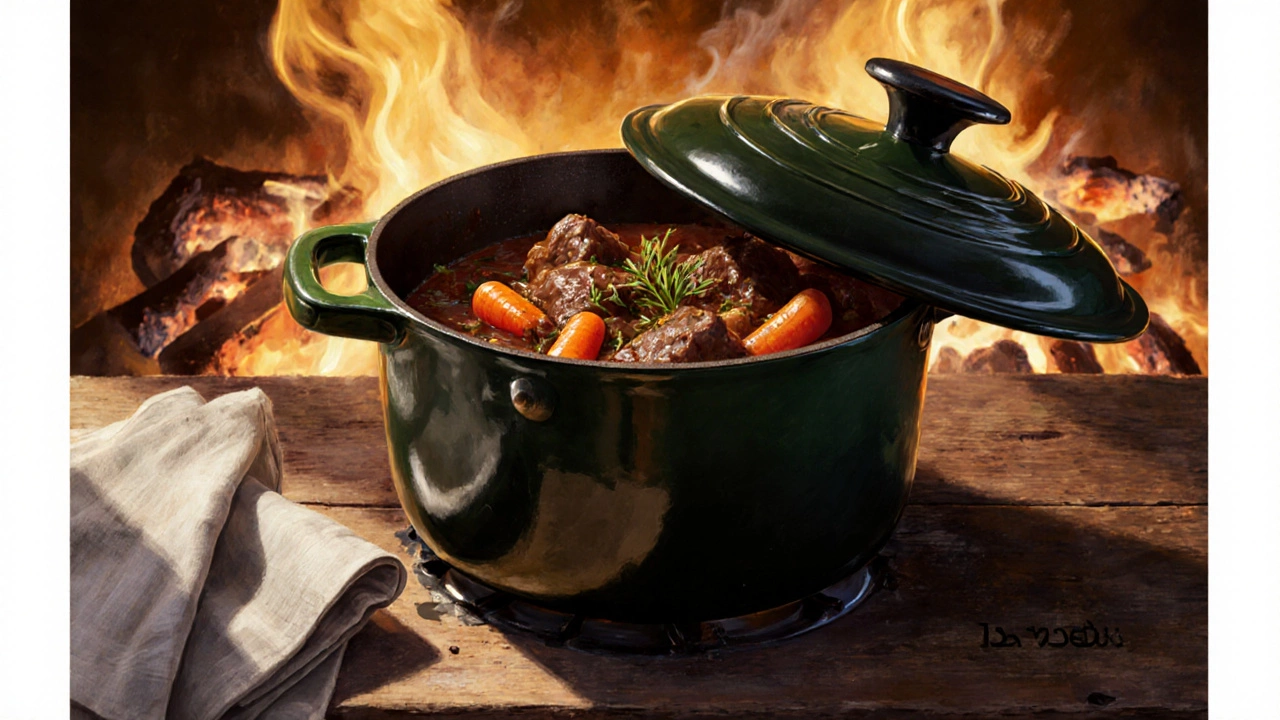 An enameled Dutch oven contains a hearty beef stew, with wooden utensils and warm lighting.