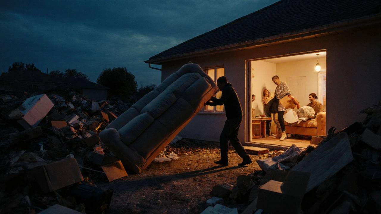 An old sofa being taken to a landfill while a new one is opened at home in twilight.