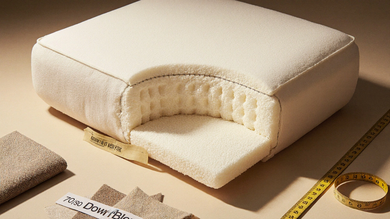 Cross-section of a hybrid sofa cushion revealing foam core wrapped in down-blend with baffle-box stitching.