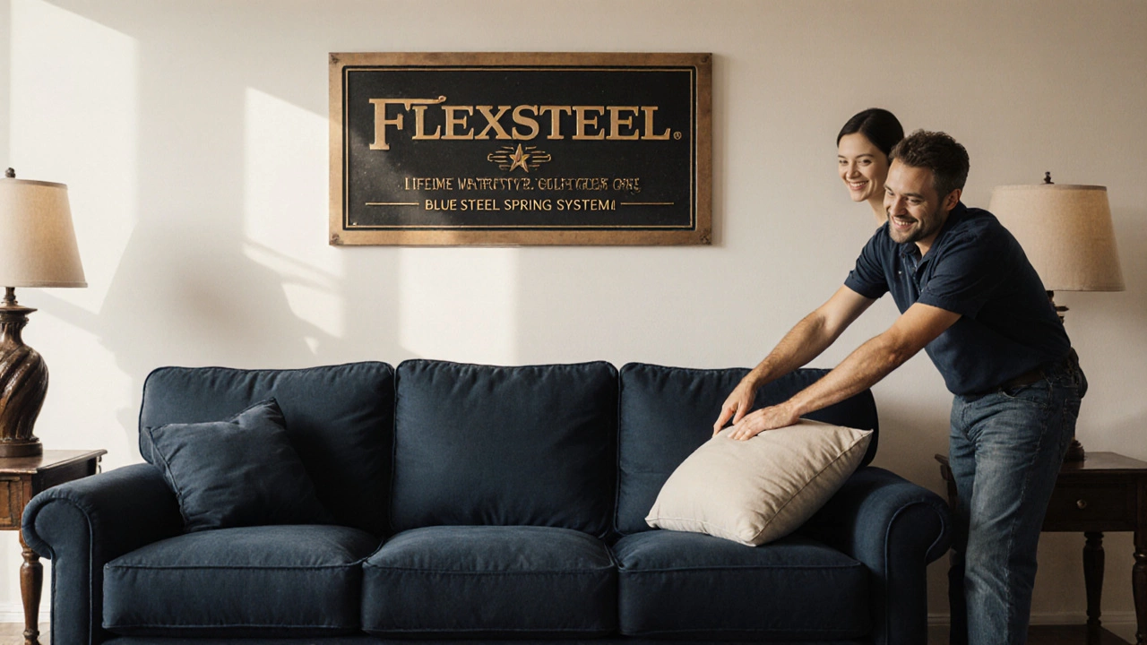 Flexsteel sofa in navy fabric with lifetime warranty plaque, technician demonstrating spring system.