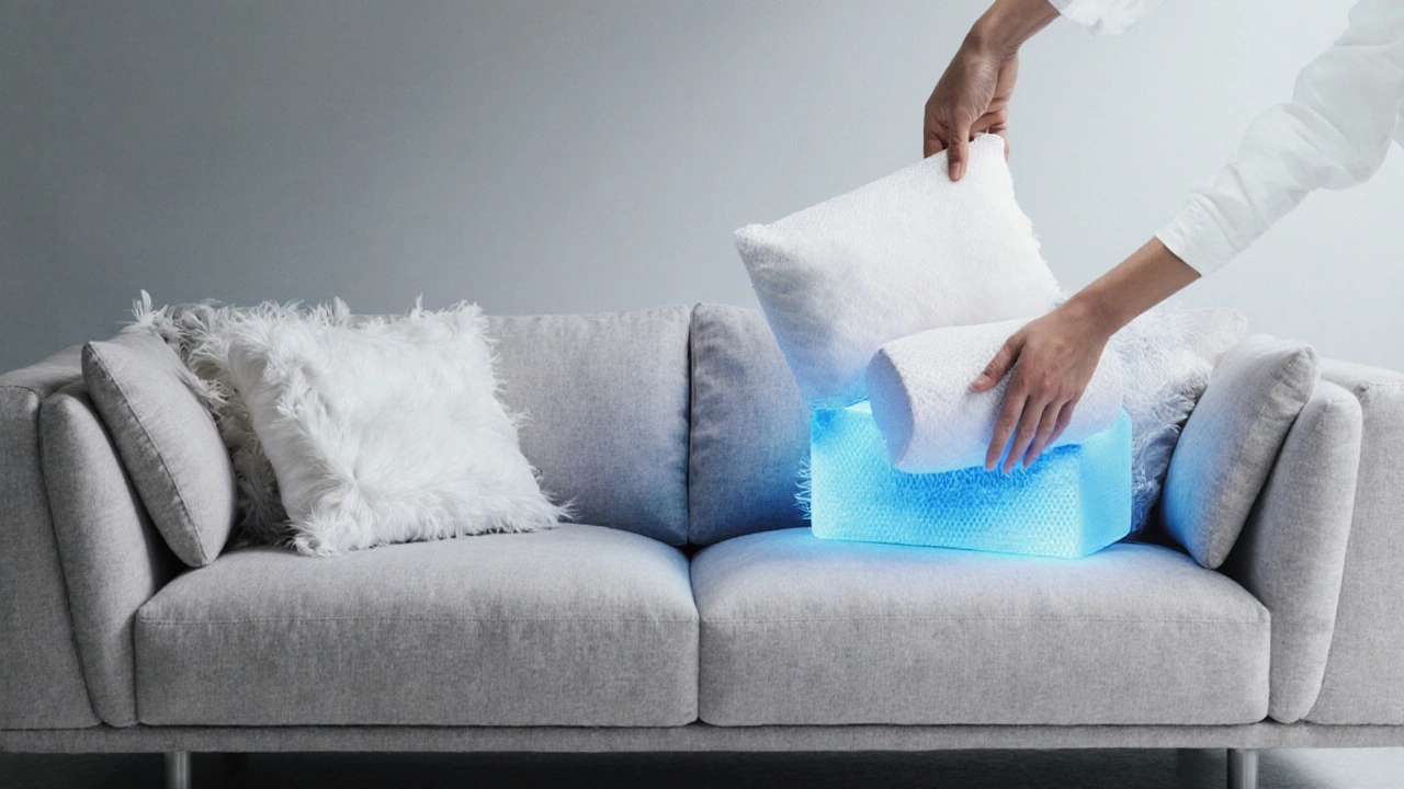 Four sofa cushions in varying conditions: pristine hybrid, flattened polyester, lumpy feathers, and cooling memory foam.