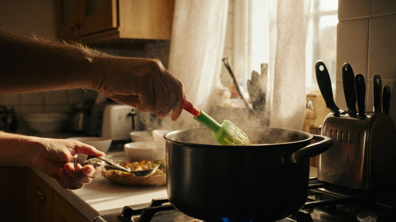 Hand stirring soup in pot while reaching for measuring spoon among knives and bowls